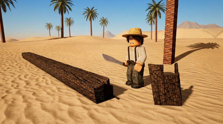 Official game artwork showing a Roblox player cutting a palm tree in the desert